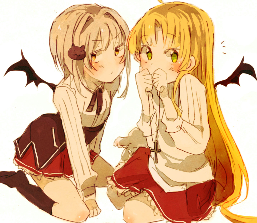 2girls asia_argento black_corset black_ribbon black_socks blonde_hair blush cat_hair_ornament commentary_request corset covering_own_mouth cross cross_necklace demon_wings full_body green_eyes grey_hair hair_intakes hair_ornament hands_up high_school_dxd hiwakame jewelry kneehighs kneeling long_hair long_sleeves multiple_girls neck_ribbon necklace notice_lines red_skirt ribbon shirt short_hair sideways_glance simple_background sitting skirt socks toujou_koneko underbust white_background white_shirt white_socks wings yellow_eyes yokozuwari