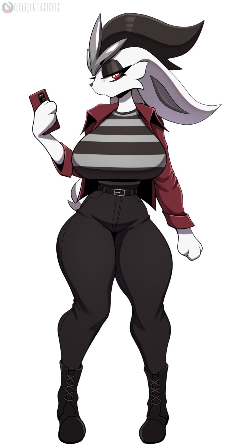 1girl 2023 absurdres animal_hands artist_name bad_tag black_eyeshadow black_hair black_pants boots breasts bright_pupils cellphone cinderace cooliehigh eyelashes eyeshadow female female_focus furry furry_female gen_8_pokemon goth_fashion highres jacket looking_at_viewer makeup nintendo pants phone pokemon pokemon_(creature) red_eyes scut_tail solo standing subscribestar_logo tagme tail white_background white_pupils