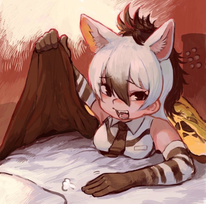 1girl aardwolf_(kemono_friends) animal_ear_fluff animal_ears animal_print arm_up bare_shoulders beckoning bed_invitation black_hair blush collared_shirt elbow_gloves extra_ears fangs flying_sweatdrops furrowed_brow gloves hair_between_eyes handsdsds kemono_friends lifting_covers long_hair looking_at_viewer lying multicolored_hair necktie nose_blush on_stomach open_mouth pillow print_gloves print_shirt puff_of_air shirt sleeveless sleeveless_shirt smile solo two-tone_hair under_covers white_hair wing_collar