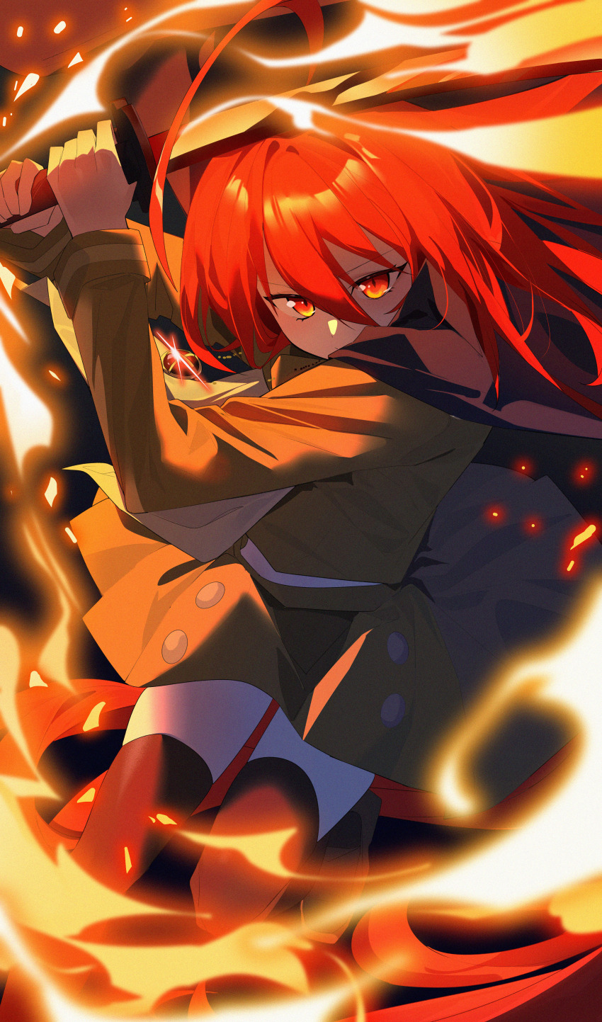1girl absurdres black_cape black_thighhighs cape fire green_sailor_collar green_shirt grey_skirt highres jewelry long_hair long_sleeves looking_at_viewer pendant red_eyes red_hair sailor_collar school_uniform serafuku shakugan_no_shana shana shirt skirt solo sword thighhighs wako_(1194433260) weapon winter_uniform