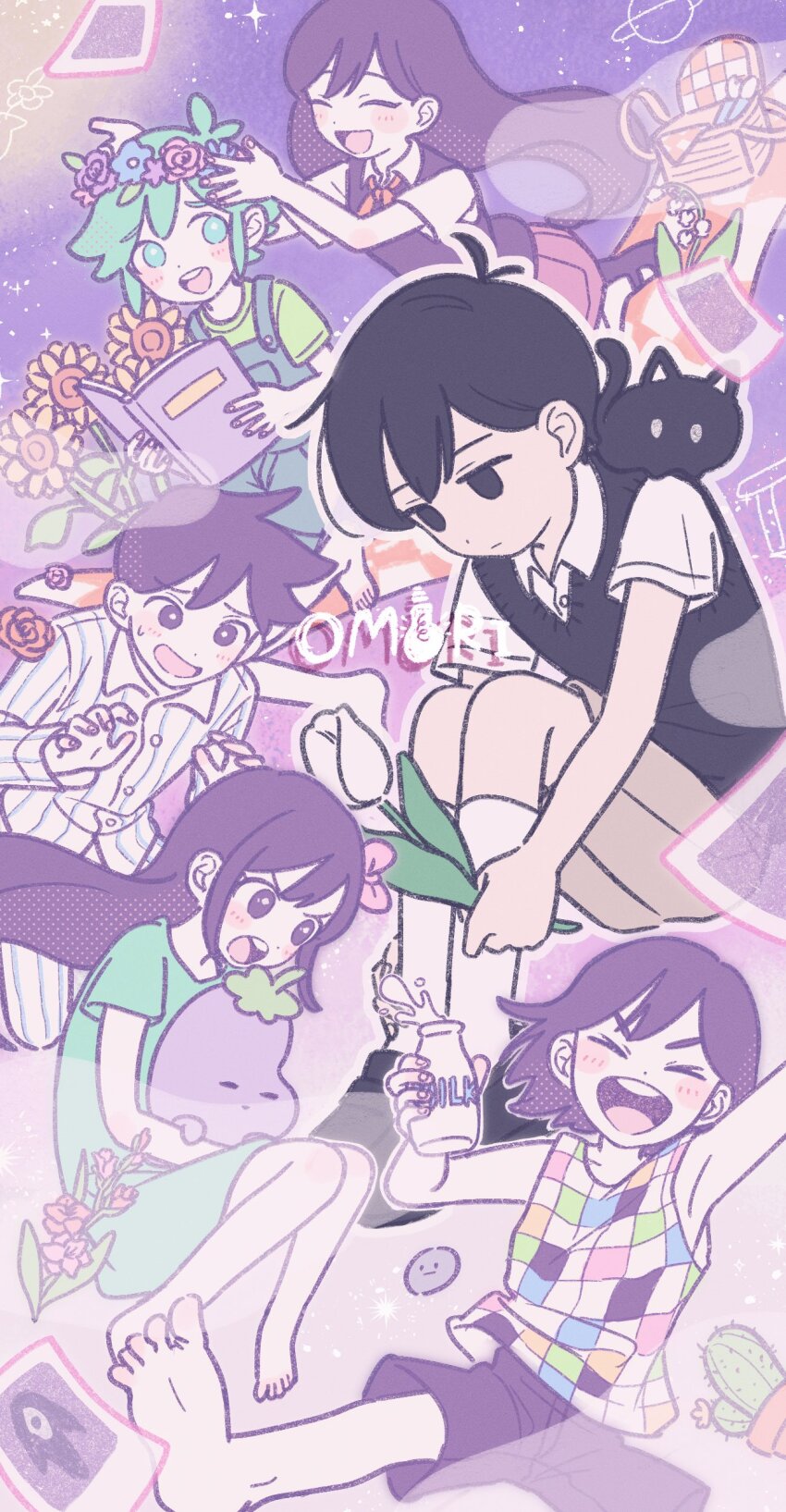 2girls 4boys :d ^_^ absurdres animal animal_on_shoulder antenna_hair aubrey_(headspace)_(omori) aubrey_(omori) bare_arms bare_shoulders barefoot basil_(headspace)_(omori) basil_(omori) basket black_cat black_eyes black_footwear black_hair black_sweater_vest blue_flower blue_overalls blush book bottle bow brother_and_sister brothers brown_shorts buttons cactus cat checkered_clothes closed_eyes closed_mouth collared_shirt colored_skin commentary_request copyright_name dot_nose double-parted_bangs dress empty_eyes facing_another fingernails flower flower_pot flower_wreath gladiolus green_dress green_eyes green_hair green_shirt hair_behind_ear hair_between_eyes hair_bow halftone head_wreath hector_(omori) hero_(headspace)_(omori) hero_(omori) highres holding holding_book holding_bottle holding_flower holding_stuffed_toy kel_(headspace)_(omori) kel_(omori) kneehighs knees_together_feet_apart knees_up lily_of_the_valley loafers long_hair long_sleeves looking_at_another looking_to_the_side mari_(headspace)_(omori) mari_(omori) mewo mikuni_(open-ranka) milk_bottle mr._plantegg_(omori) multiple_boys multiple_girls neckerchief no_pupils omori open_mouth outline overall_shorts overalls pet_rock photo_(object) picnic_basket picnic_blanket pink_bow pink_flower pink_rose purple_background purple_eyes purple_flower purple_hair purple_rose purple_shorts purple_sweater_vest red_flower red_neckerchief red_rose rock rose round_teeth shirt shoes short_hair short_sleeves shorts siblings simple_background sitting smile socks something_(omori) sparkle striped_clothes stuffed_eggplant stuffed_toy sunflower sunny_(omori) sweatdrop sweater_vest tank_top teeth tongue tulip upper_teeth_only v-shaped_eyebrows vertical-striped_clothes white_flower white_outline white_shirt white_skin white_socks white_tulip