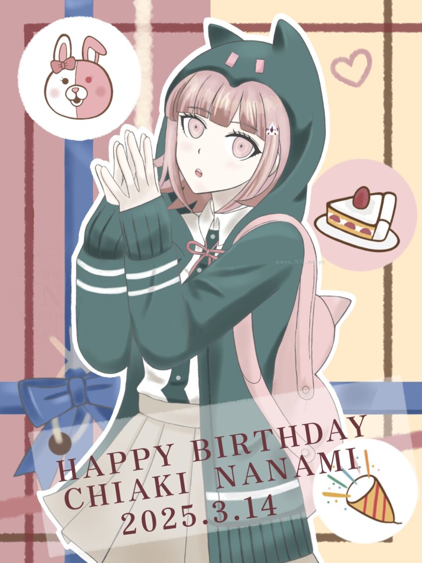 1girl :o animal_bag animal_ears backpack bag blush bow brown_skirt cat_bag character_name collared_shirt cowboy_shot danganronpa_(series) danganronpa_2:_goodbye_despair dated dress_shirt ear_bow fake_animal_ears green_jacket happy_birthday highres hood hood_up hooded_jacket jacket long_sleeves me_tsupi miniskirt monomi_(danganronpa) neck_ribbon open_clothes open_jacket pink_bag pink_eyes pink_ribbon pleated_skirt ribbon shirt skirt solo spaceship_hair_ornament spoken_character teeth two-tone_shirt upper_teeth_only