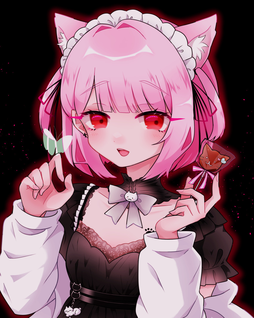 1girl absurdres animal_ears belt black_background black_belt black_choker black_dress black_ribbon blush bow bowtie bug butterfly candy cat_charm cat_ears cat_girl cat_ornament charm_(object) chest_tattoo chocolate choker collarbone commentary cross cross_earrings dress earrings extra_ears fingernails food green_butterfly highres holding holding_candy holding_food holding_lollipop indie_virtual_youtuber insect jacket jewelry lollipop long_sleeves looking_at_viewer m_imi_mi maid_headdress medium_hair mikeneko_(vtuber) nail_polish open_mouth paw_tattoo pink_eyes pink_hair pink_nails pink_ribbon purple_bow purple_bowtie ribbon see-through_butterfly smile solo tattoo teeth two_side_up upper_teeth_only virtual_youtuber white_jacket wrapped_lollipop
