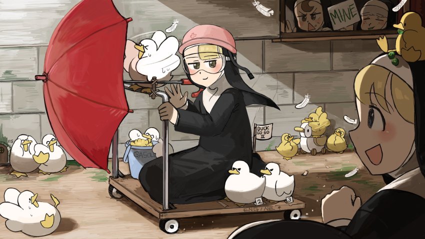 4girls :d ^_^ against_glass animal animal_on_head bird bird_on_head blonde_hair blue_eyes brown_eyes brown_hair bucket cart chicken clenched_hand closed_eyes clumsy_nun_(diva) commentary corn curtains diva_(hyxpk) door duck duckling english_commentary feathers flag flapping food food_in_mouth food_on_face freckles froggy_nun_(diva) glasses goggles grey_hair habit hard_hat helmet highres kneeling little_nuns_(diva) motion_lines multiple_girls numbered nun on_head open_mouth paper peas red_umbrella sheep_nun_(diva) silhouette slice_of_life smile spicy_nun_(diva) sweat toy traditional_nun triangle_mouth umbrella window yellow_eyes