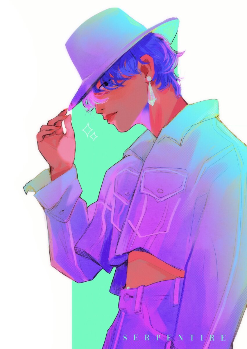 1boy artist_name closed_mouth commentary cowboy_shot cropped_jacket earrings english_commentary hair_between_eyes hat highres hoshi_(seventeen) jewelry k-pop looking_at_viewer male_focus profile real_life serpentire seventeen_(group) solo sparkle