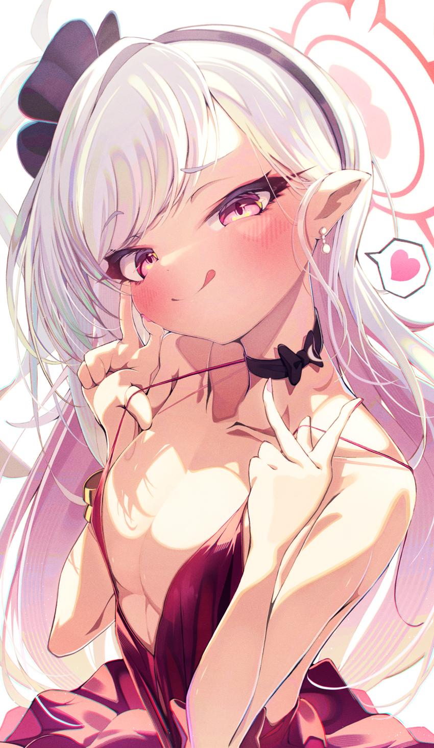 1girl black_hairband blue_archive blush breasts dress earrings hairband halo heart highres jewelry licking_lips loli long_hair looking_at_viewer mutsuki_(blue_archive) mutsuki_(dress)_(blue_archive) official_alternate_costume pointy_ears red_dress red_halo sho_me_1853 simple_background sleeveless sleeveless_dress small_breasts smile solo spoken_heart tongue tongue_out very_long_hair white_background white_hair