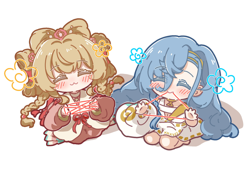 2girls 37_(reverse:1999) ancient_greek_clothes blonde_hair blue_hair blush braid cat&#039;s_cradle chibi chinese_clothes closed_eyes drawn_flower facing_viewer full_body greco-roman_clothes hands_up hanfu highres holding holding_string long_hair long_sleeves low_twin_braids multiple_girls nijiiro_diary official_alternate_costume pink_hanfu puffy_long_sleeves puffy_sleeves reverse:1999 seiza shuangyaji sitting smile sotheby sotheby_(the_red_thread_of_fate) string string_in_mouth toga twin_braids white_background