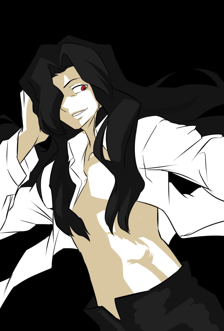 1boy abs black_background black_hair black_pants chiizu_ore collared_shirt floating_clothes floating_hair hair_over_one_eye hand_on_own_head highres long_hair looking_to_the_side male_focus melty_blood michael_roa_valdamjong open_clothes open_fly open_shirt pants pectorals red_eyes shaded_face shirt simple_background smile tsukihime type-moon vampire very_long_hair white_shirt