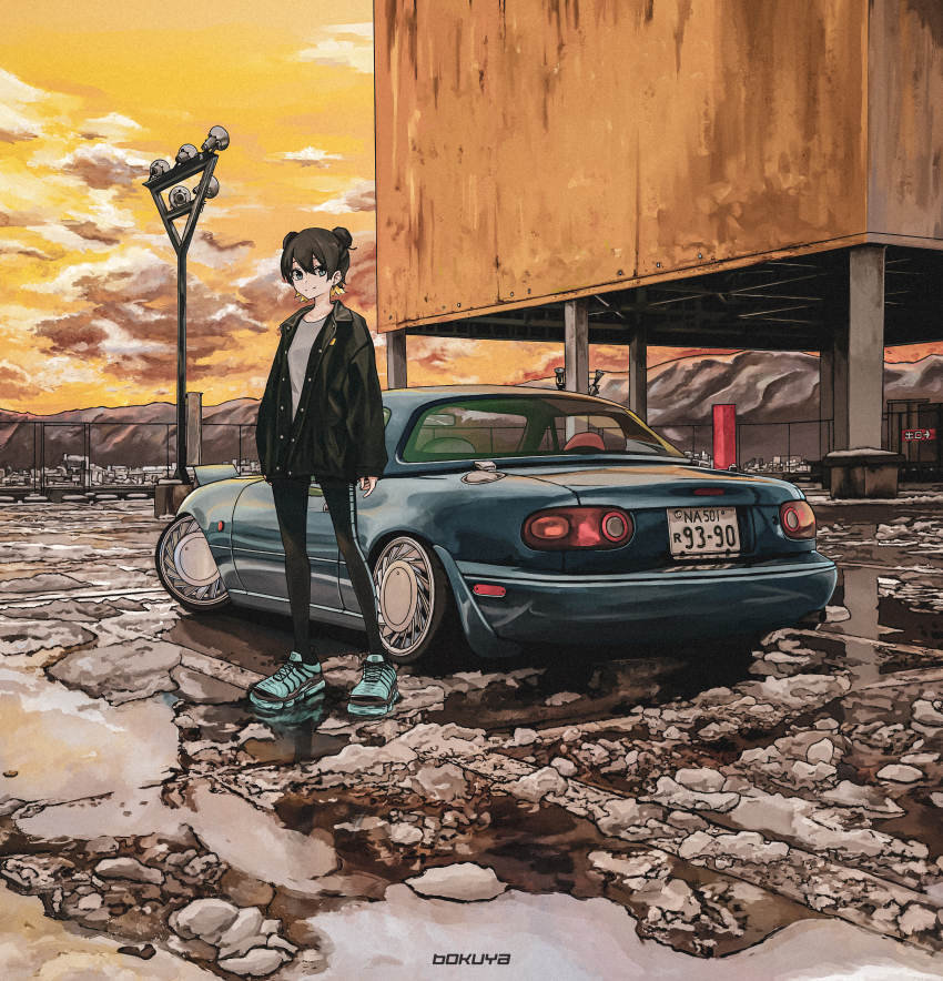 1girl absurdres aqua_shoes artist_name black_hair black_jacket black_pants bokuya car closed_mouth cloud commentary double_bun eunos_roadster hair_bun highres jacket license_plate long_sleeves mazda mazda_mx-5 mazda_mx-5_na motor_vehicle mountainous_horizon orange_sky original outdoors pants revision shirt shoes short_hair sky smile sneakers solo sports_car standing sunset vehicle_focus watermark white_shirt