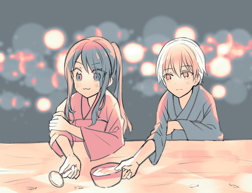 1boy 1girl :3 absurdres black_kimono blurry blurry_background blush bowl highres holding holding_bowl holding_spoon japanese_clothes kimono kobayashi_rindou long_hair long_sleeves multicolored_background pink_kimono ponytail shokugeki_no_souma smile spoon toy-black tsukasa_eishi