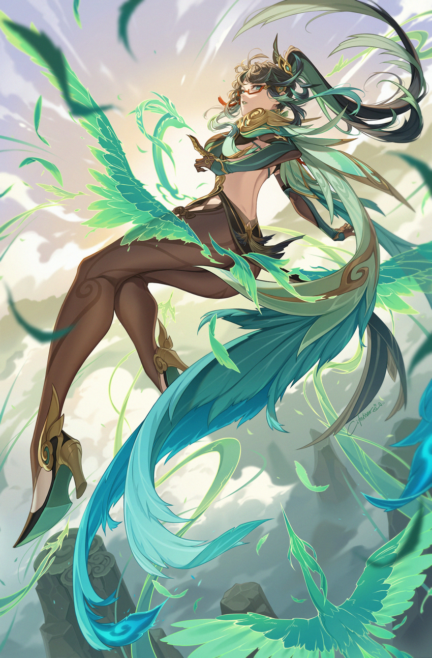 1girl ass back backless_dress backless_outfit bird black_hair blue_sky bracelet breasts china_dress chinese_clothes citemer cloud_retainer_(genshin_impact) colored_inner_hair crane_(animal) dress earrings genshin_impact glasses gold_trim green_eyes green_hair high_ponytail highres hip_vent jewelry large_breasts long_hair looking_back multicolored_dress multicolored_hair ponytail red-framed_eyewear sky solo tassel tassel_earrings two-tone_hair vision_(genshin_impact) xianyun_(genshin_impact)