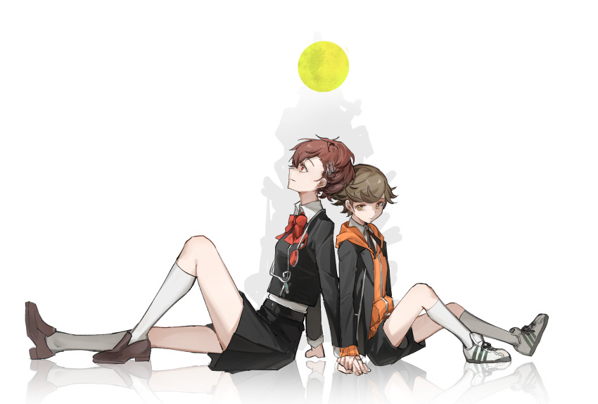 1boy 1girl amada_ken back-to-back black_jacket black_skirt bow bowtie brown_eyes brown_hair closed_mouth collared_shirt commentary_request eca_leaf gekkoukan_high_school_uniform highres hood hoodie jacket kneehighs long_sleeves open_clothes open_jacket orange_hoodie persona persona_3 persona_3_portable red_bow red_bowtie red_eyes school_uniform shiomi_kotone shirt shoes simple_background sitting skirt socks white_background white_shirt white_socks