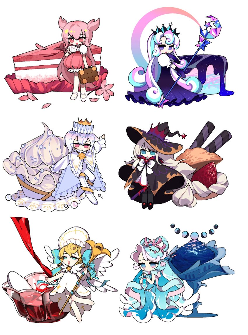 2boys 4girls angel_cookie angel_cookie_(voice_of_virtue) black_cape black_headwear blonde_hair blue_dress blue_eyes blue_hair bodysuit bonnet bow bowtie brooch cake cape cherry_blossom_cookie cherry_blossoms cookie_run cookie_run:_ovenbreak cream_puff cream_puff_cookie cream_puff_cookie_(dark_magic_hat) crown cupcake dress food fruit hat highres holding holding_suitcase jewelry long_hair moonlight_cookie moonlight_cookie_(milky_way) multicolored_hair multiple_boys multiple_girls nishiirei9522 pink_eyes pink_hair sea_fairy_cookie sea_fairy_cookie_(luminous_coral) simple_background star_(symbol) strawberry streaked_hair suitcase two_side_up very_long_hair whipped_cream whipped_cream_cookie whipped_cream_cookie_(night_of_reverie) white_background white_bodysuit white_bow white_bowtie white_cape white_dress white_hair white_wings wings witch_hat