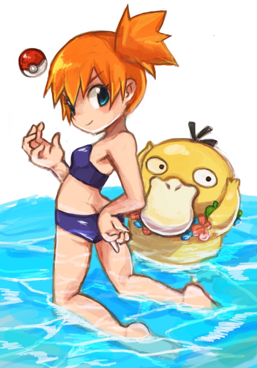 1girl ass barefoot bikini blue_bikini blush blush_stickers breasts butt_crack cleavage closed_mouth dido_(di_do_di_do) ears eyelashes feet female_focus flower full_body gen_1_pokemon green_eyes hands_up highres holding holding_poke_ball legs looking_at_viewer misty_(pokemon) navel nintendo no_headwear no_pants no_shoes no_socks orange_hair poke_ball poke_ball_(basic) pokemon pokemon_(creature) pokemon_rgby psyduck short_hair side_ponytail simple_background small_breasts smile squatting strapless strapless_bikini swimsuit thighs toes water white_background
