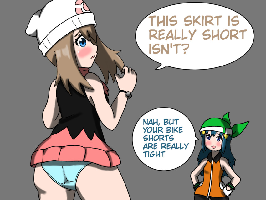 2girls aqua_panties blush brown_hair cosplay costume_switch dawn_(pokemon) maoukouichi may_(pokemon) miniskirt multiple_girls panties skirt underwear
