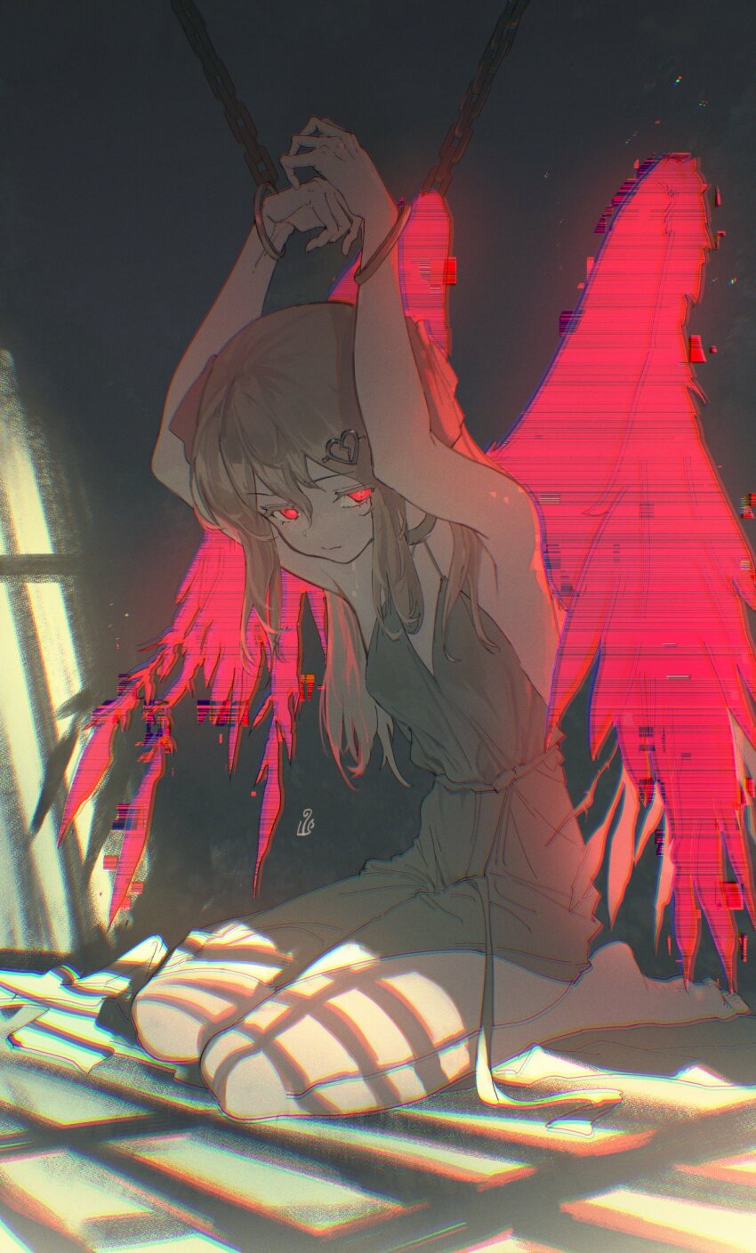 1girl barefoot broken_heart broken_heart_hair_ornament brown_hair chain chained_wrists closed_mouth commentary dress english_commentary evil_neuro-sama from_side full_body glitch glowing glowing_eyes glowing_wings grey_dress hair_between_eyes hair_ribbon highres indie_virtual_youtuber indoors long_hair looking_at_viewer neuro-sama no_shoes red_eyes red_ribbon red_wings ribbon sitting sleeveless sleeveless_dress solo sunlight tanziya_(codlxcold) two_side_up virtual_youtuber wariza wings