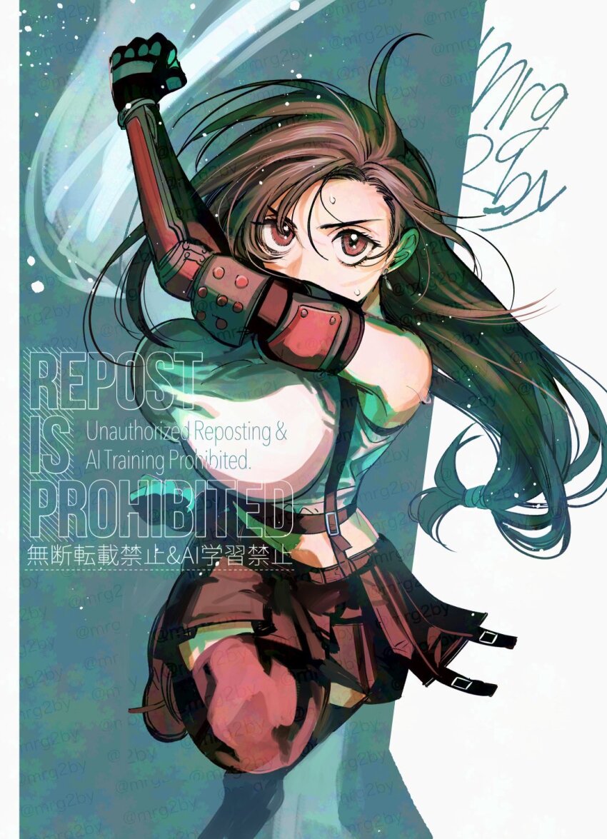 1girl arm_up bare_shoulders black_hair black_skirt black_sports_bra black_thighhighs breasts clenched_hand commentary_request crop_top earrings elbow_gloves fighting_stance final_fantasy final_fantasy_vii final_fantasy_vii_rebirth final_fantasy_vii_remake foot_out_of_frame foot_up gloves highres jewelry large_breasts long_hair looking_at_viewer low-tied_long_hair midriff miniskirt mrg2by red_eyes single_arm_guard single_earring skirt solo sports_bra suspender_skirt suspenders sweat tank_top thighhighs tifa_lockhart white_tank_top