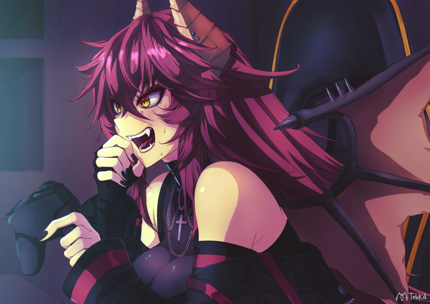 1girl absurdres black_gloves black_jacket black_nails black_shirt chair controller cross cross_necklace dragon_girl dragon_horns dragon_wings fangs fingerless_gloves game_controller gaming_chair gloves highres holding holding_controller holding_game_controller horns jacket jewelry long_hair nail_polish necklace open_mouth red_hair shirt solo swivel_chair tohka_arts virtual_youtuber vshojo wings yellow_eyes zentreya zentreya_(dragon) zentreya_(dragon)_(metalheads) zentreya_(dragon)_(metalheads)
