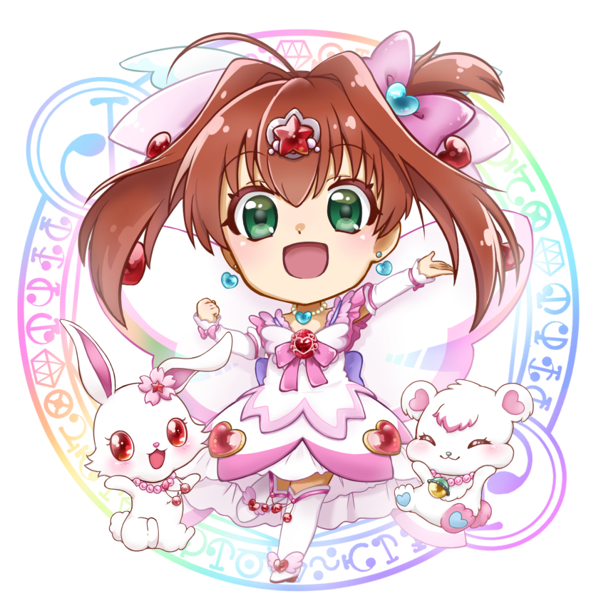 1girl boots bow brown_hair chibi commentary_request creature dress earrings green_eyes hair_ornament heart heart_earrings highres jewelpet_(series) jewelpet_twinkle jewelry labra_(jewelpet) magical_girl pink_bow rinne_(id43737613) ruby_(jewelpet) sakura_akari side_ponytail white_dress white_footwear