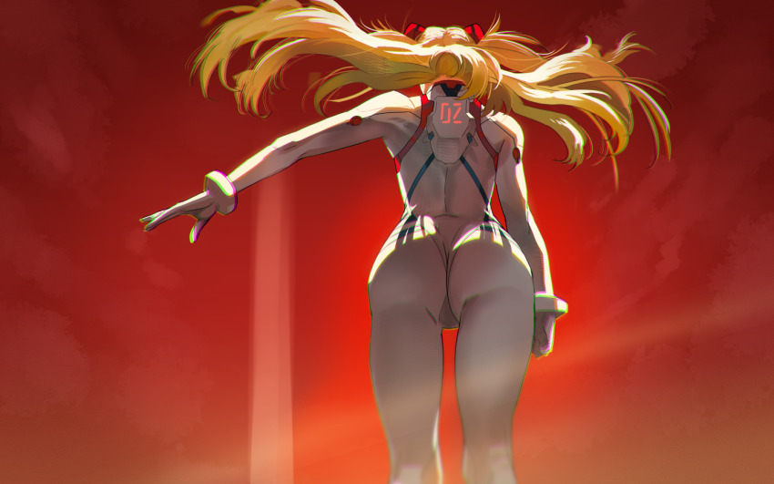 1girl ass ass_focus bodysuit curvy evangelion:_3.0+1.0_thrice_upon_a_time exocet_(exocet4) floating_hair from_behind interface_headset_(evangelion) long_hair mecha_pilot_suit neon_genesis_evangelion orange_hair plugsuit_(evangelion) rebuild_of_evangelion skin_tight solo souryuu_asuka_langley standing two_side_up very_long_hair walking white_bodysuit wide_hips