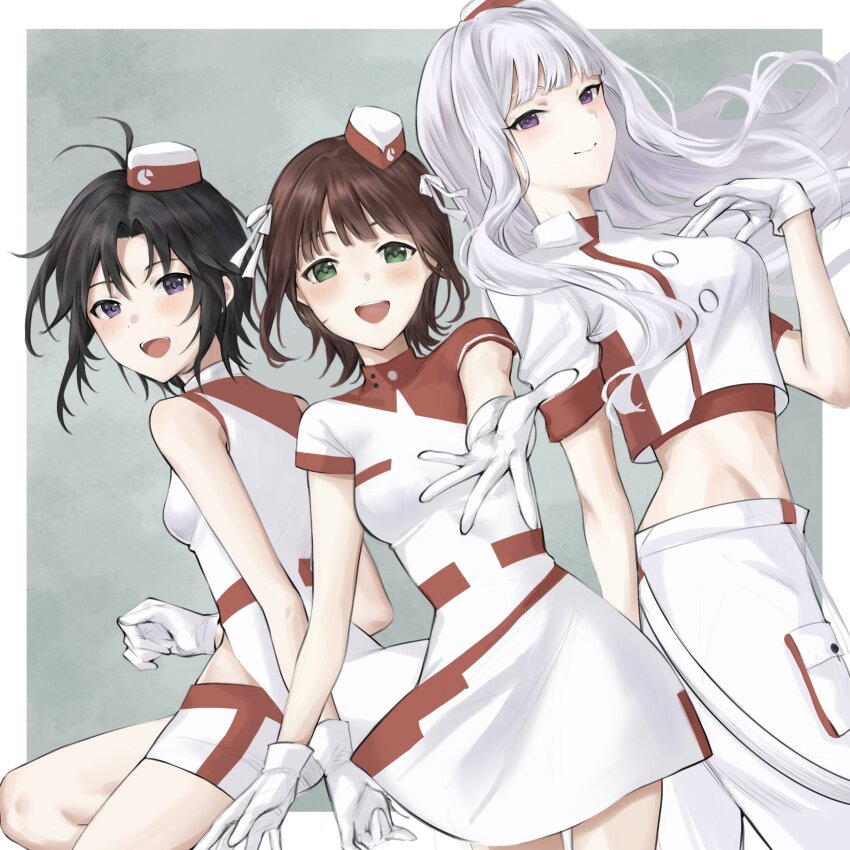 3girls absurdres aburi-gatana amami_haruka antenna_hair black_hair blush bow breasts brown_hair closed_mouth crop_top dress feet_out_of_frame floating_hair garrison_cap gloves green_eyes grey_hair hair_bow hat highres idolmaster idolmaster_(classic) kikuchi_makoto long_hair looking_at_viewer looking_to_the_side medium_breasts midriff mini_hat multiple_girls open_mouth pants purple_eyes reaching reaching_towards_viewer shijou_takane shirt short_hair short_sleeves shorts small_breasts smile voy@ger_(idolmaster) white_dress white_gloves white_pants white_shirt white_shorts
