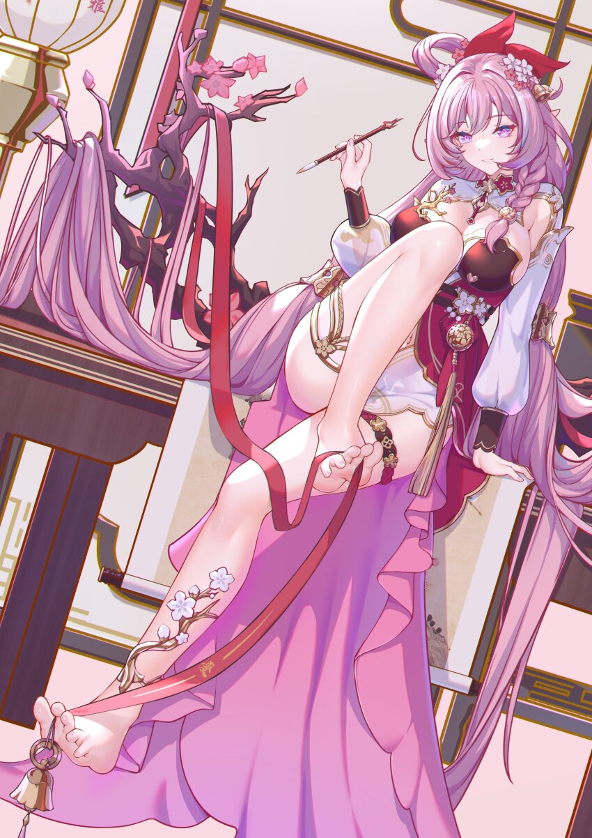 1girl absurdly_long_hair absurdres barefoot bell braid branch breasts cherry_blossoms chinese_clothes cleavage diamond-shaped_pupils diamond_(shape) dress elf elysia_(herrscher_of_human:_ego)_(honkai_impact) elysia_(honkai_impact) elysia_(peachy_spring)_(honkai_impact) feet flower foot_focus hair_bell hair_flower hair_flowing_over hair_ornament hair_spread_out highres holding holding_with_feet honkai_(series) honkai_impact_3rd jar large_breasts long_hair long_sleeves looking_at_viewer misheng_liu_yin official_alternate_costume pink_hair pointy_ears puffy_long_sleeves puffy_sleeves purple_eyes red_dress single_braid sitting smile soles solo symbol-shaped_pupils thigh_strap toes very_long_hair