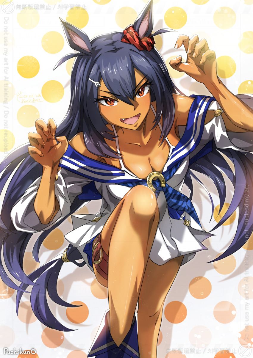 1girl animal_ears bandeau black_hair blue_bandeau breasts cleavage commentary_request cowboy_shot dark-skinned_female dark_skin ear_scrunchie hair_between_eyes hair_ornament hairclip highres hishi_amazon_(umamusume) horse_ears horse_girl horse_tail large_breasts long_hair open_mouth pleated_skirt puchikun red_eyes single_sleeve skirt smile solo standing tail twitter_username two-tone_bandeau umamusume white_bandeau white_skirt