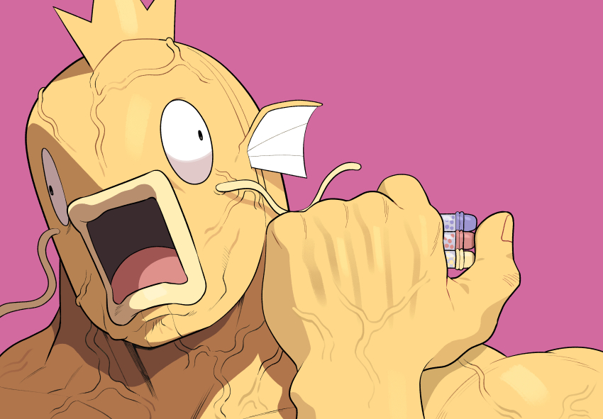absurdres cocomayo29_(tomato) commentary_request fins gen_1_pokemon grappler_baki head_fins highres jack_hanma korean_commentary magikarp nintendo open_mouth personification pink_background pokemon pokemon_(creature) scene_reference simple_background veins veiny_hands veiny_neck whiskers
