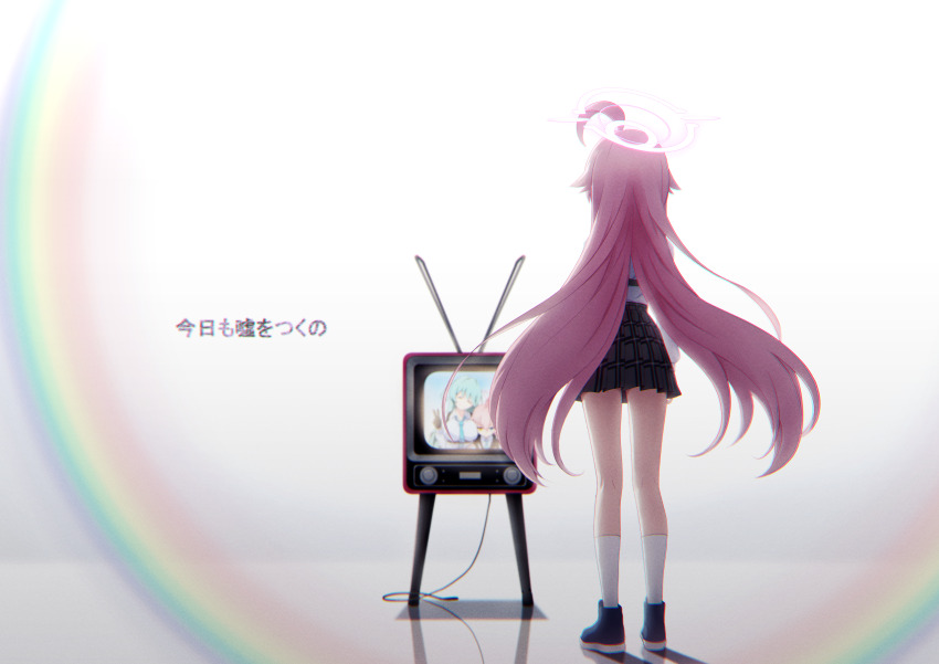 1girl absurdres ahoge black_skirt blue_archive commentary_request ekura28 film_grain floating_hair from_behind full_body halo highres hoshino_(blue_archive) hoshino_(first_year)_(blue_archive) kneehighs long_hair miniskirt photo_(object) pink_hair pink_halo plaid_clothes plaid_skirt pleated_skirt rainbow school_uniform shirt skirt socks solo standing television translation_request v very_long_hair white_shirt white_socks yume_(blue_archive)