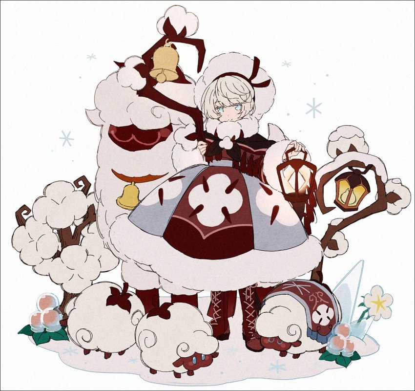 1girl bell blue_dress blue_eyes bonnet boots brown_boots brown_dress cookie_run cookie_run:_kingdom cotton_cookie dress flower fur-trimmed_dress fur_trim hakusai_(tiahszld) hat holding holding_lantern holding_staff ice lace-up_boots lantern shepherd shepherd&#039;s_crook solo staff white_background white_hair white_hat wool