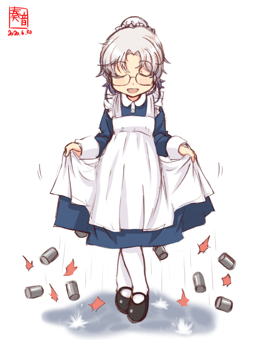 1girl alternate_costume apron artist_logo black_shoes blue_dress bowing closed_eyes commentary_request crossed_legs curtsey dated depth_charge dress enmaided facing_viewer female_focus frilled_apron frills full_body glasses grey_hair hair_bun highres hirato_(kancolle) kanon_(kurogane_knights) kantai_collection logo maid mary_janes rimless_eyewear senjougahara_pose shoes short_hair single_hair_bun skirt_hold solo watson_cross wavy_hair white_apron white_legwear