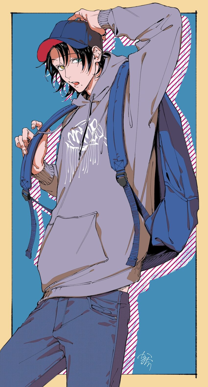 1boy backpack bag baseball_cap blue_background denim from_side green_eyes grey_hoodie hand_on_own_head hat heterochromia highres holding_strap hood hoodie hypnosis_mic jeans kamachiri looking_at_viewer male_focus medium_hair mole mole_under_eye mole_under_mouth open_mouth pants parted_bangs solo teeth upper_teeth_only yamada_jiro yellow_eyes