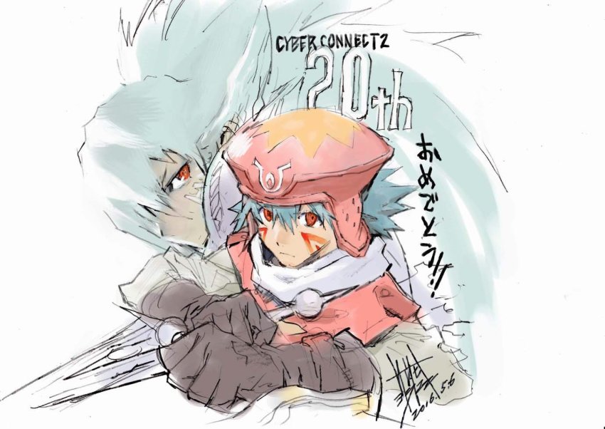 .hack// 2016 2boys anniversary bandai character_request dagger dated dual_wielding gloves green_hair hat holding kite_(.hack//) knife multiple_boys namco official_art red_eyes sadamoto_yoshiyuki serious tattoo weapon white_background