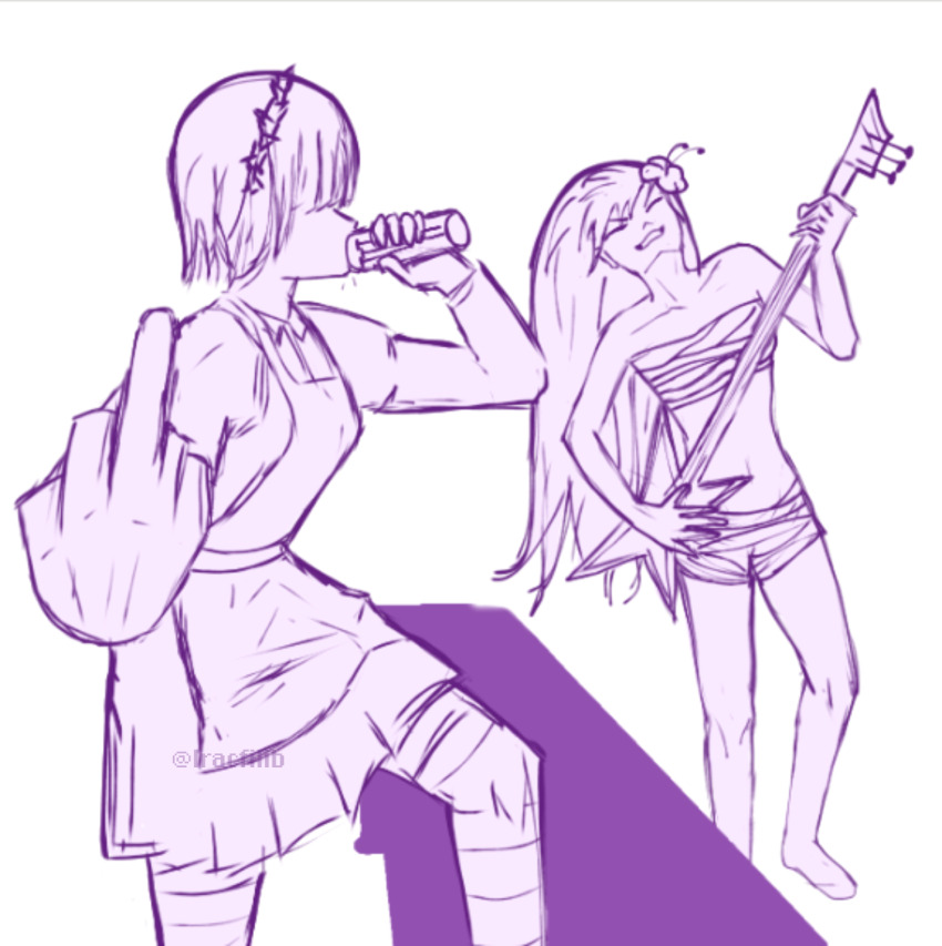 2girls apron drinking electric_guitar energy_drink flower guitar hibiscus highres instrument leg_up long_hair lracfilib maid maid_apron maid_headdress middle_finger multiple_girls non-web_source original sarashi sewerslvt short_hair yakui