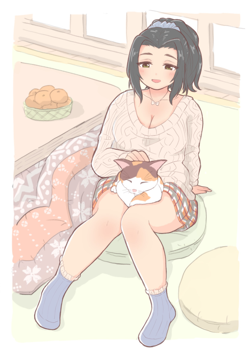1girl absurdres animal animal_on_lap black_hair blue_socks blush breasts brown_sweater cat cleavage cushion ebihara_naho food fruit green_eyes highres idolmaster idolmaster_cinderella_girls indoors jewelry kotatsu mandarin_orange medium_breasts medium_hair necklace noe_aoikaba on_lap pillow plaid_clothes plaid_skirt sitting skirt socks sweater table