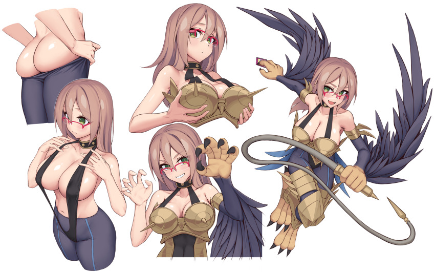 1girl armor ass breasts brown_hair butt_crack collarbone commentary_request cosplay dressing fake_wings glasses green_eyes grin harpie_lady harpie_lady_(cosplay) highres large_breasts looking_at_viewer medium_hair naked_suspenders navel original over-rim_eyewear progression rotix semi-rimless_eyewear smile spiked_armor suspenders talons whip white_background winged_arms wings yu-gi-oh!
