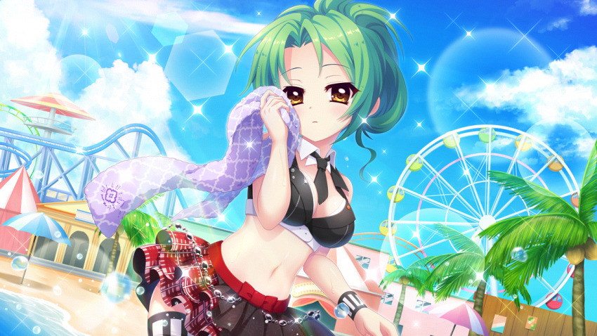 1girl beach beach_umbrella bikini black_bikini black_necktie black_skirt black_thighhighs blue_sky breasts building cleavage cloud coconut_tree cowboy_shot day detached_collar dot_nose dutch_angle ferris_wheel film_grain game_cg green_hair hair_up hand_towel izumi_tsubasu lens_flare looking_at_viewer medium_breasts navel necktie non-circular_lens_flare non-web_source official_art outdoors palm_tree parted_lips plaid_clothes plaid_skirt re:stage! roller_coaster shirokita_kuroha short_hair skirt sky solo sparkle sunlight swimsuit thighhighs towel tree two-tone_thighhighs two-tone_wristband umbrella water_drop white_thighhighs wiping_face yellow_eyes