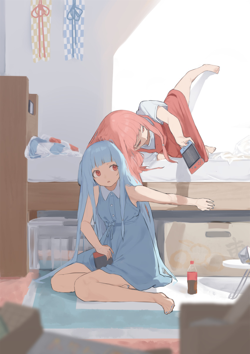 2girls barefoot bed blue_hair cola head_rest highres indoors kotonoha_akane kotonoha_aoi leaning_on_person long_hair lying multiple_girls nintendo_switch on_side pocche-ex red_eyes red_hair siblings sisters sitting sleeveless voiceroid yokozuwari