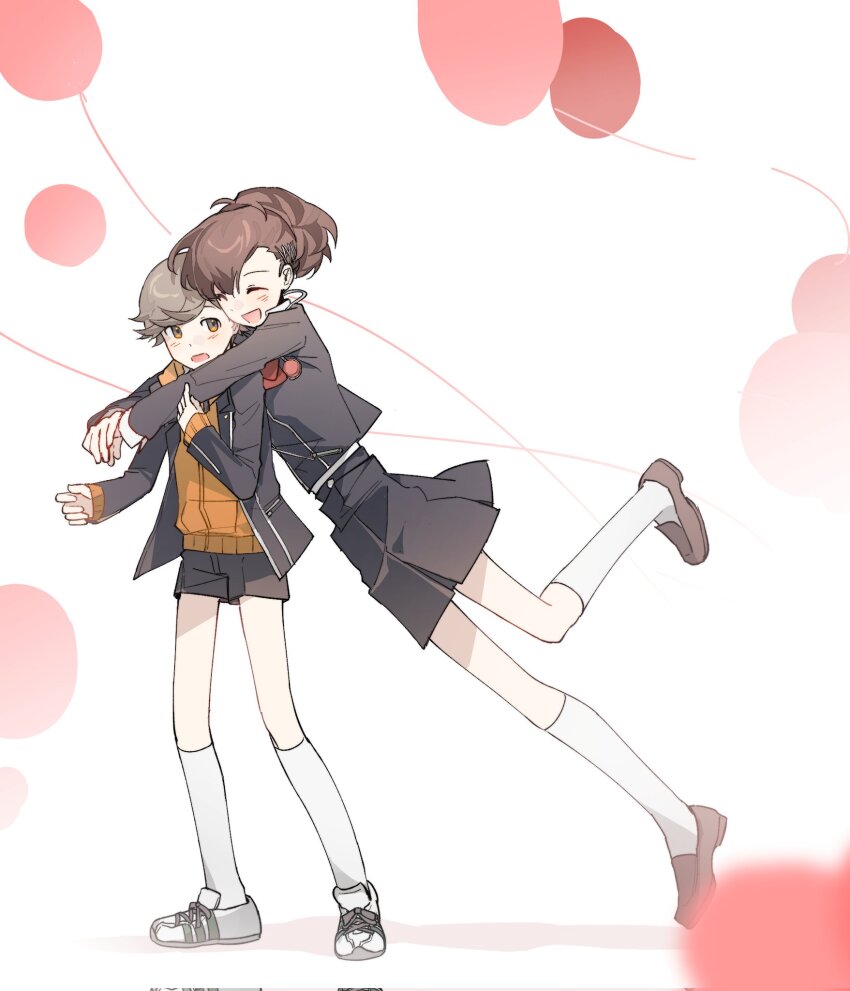 1boy 1girl amada_ken balloon black_jacket black_shorts black_skirt blush brown_hair closed_eyes corrupted_twitter_file eca_leaf full_body gekkoukan_high_school_uniform highres hug jacket kneehighs long_sleeves open_clothes open_jacket open_mouth orange_eyes persona persona_3 persona_3_portable school_uniform shiomi_kotone shoes shorts simple_background skirt sneakers socks white_socks