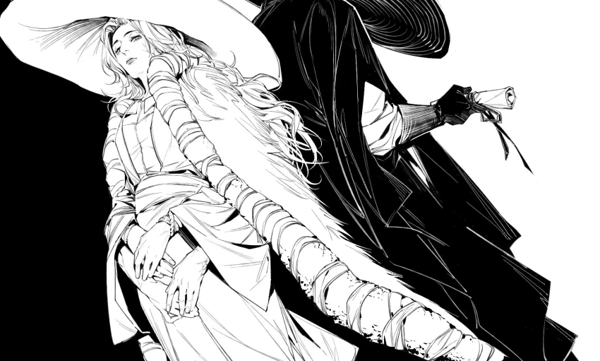 1boy 1girl back-to-back black_vs_white chinese_commentary cloak closed_mouth commentary_request cowboy_shot elden_ring extra_arms fur_cloak gloves greyscale hat highres holding holding_scroll long_hair long_sleeves megasus monochrome preceptor_seluvis ranni_the_witch scroll shirt standing wavy_hair wide_sleeves witch_hat