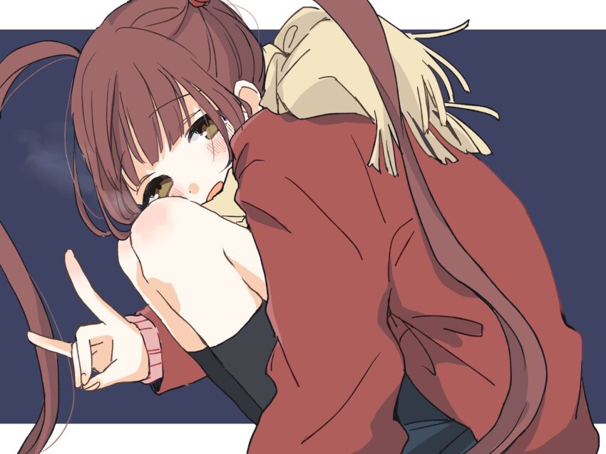 1girl black_background black_socks blunt_bangs blush border brown_eyes brown_hair brown_scarf dot_nose fox_shadow_puppet from_side hair_tie highres htnmanpp idolmaster idolmaster_million_live! idolmaster_million_live!_theater_days jacket legs_together long_hair long_sleeves looking_at_viewer looking_to_the_side matsuda_arisa open_mouth outside_border pink_sweater red_jacket scarf sidelocks simple_background sitting socks solo squatting steam sweater twintails very_long_hair wavy_hair white_border winter_clothes