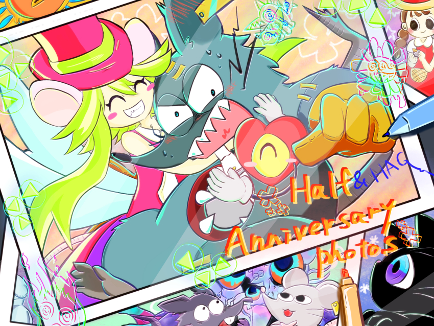 2boys 2girls animal_ears blush_stickers ghost_rat_(mad_rat_dead) green_hair hat heart_(mad_rat_dead) highres leotard mad_rat mad_rat_dead mimolette_(mad_rat_dead) mob_rat_(mad_rat_dead) mouse_(animal) mouse_ears mouse_girl mouse_tail multiple_boys multiple_girls nippon_ichi rat_god red_eyes stray_rat_(mad_rat_dead) sun_hat tail the_cat_(mad_rat_dead) the_girl_(mad_rat_dead) tie_clip top_hat wings wrist_cuffs