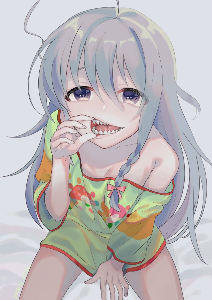 1girl bed bed_sheet grey_hair highres hoshi_syoko pajamas sharp_teeth tagme teeth yam_(htt)