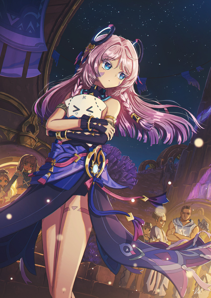 4boys 4girls absurdres armlet bare_shoulders black_skirt blue_eyes bracelet braid citlali_(genshin_impact) citlalin_(genshin_impact) closed_mouth commentary cryo_symbol_(genshin_impact) dutch_angle english_commentary facial_mark feet_out_of_frame fireflies floating_hair floating_headgear genshin_impact glove_cutout gold_armlet gold_bracelet gradient_hair grandmother_and_grandson hair_intakes headgear highres holding holding_stuffed_toy jewelry long_hair looking_at_another looking_to_the_side multicolored_hair multiple_boys multiple_girls night night_sky ororon_(genshin_impact) outdoors pink_hair pink_pupils purple_hair skirt sky solo_focus stairs star_(sky) starry_sky stuffed_toy thigh_marking triangle triangle_facial_mark twin_braids val_kapi vision_(genshin_impact)