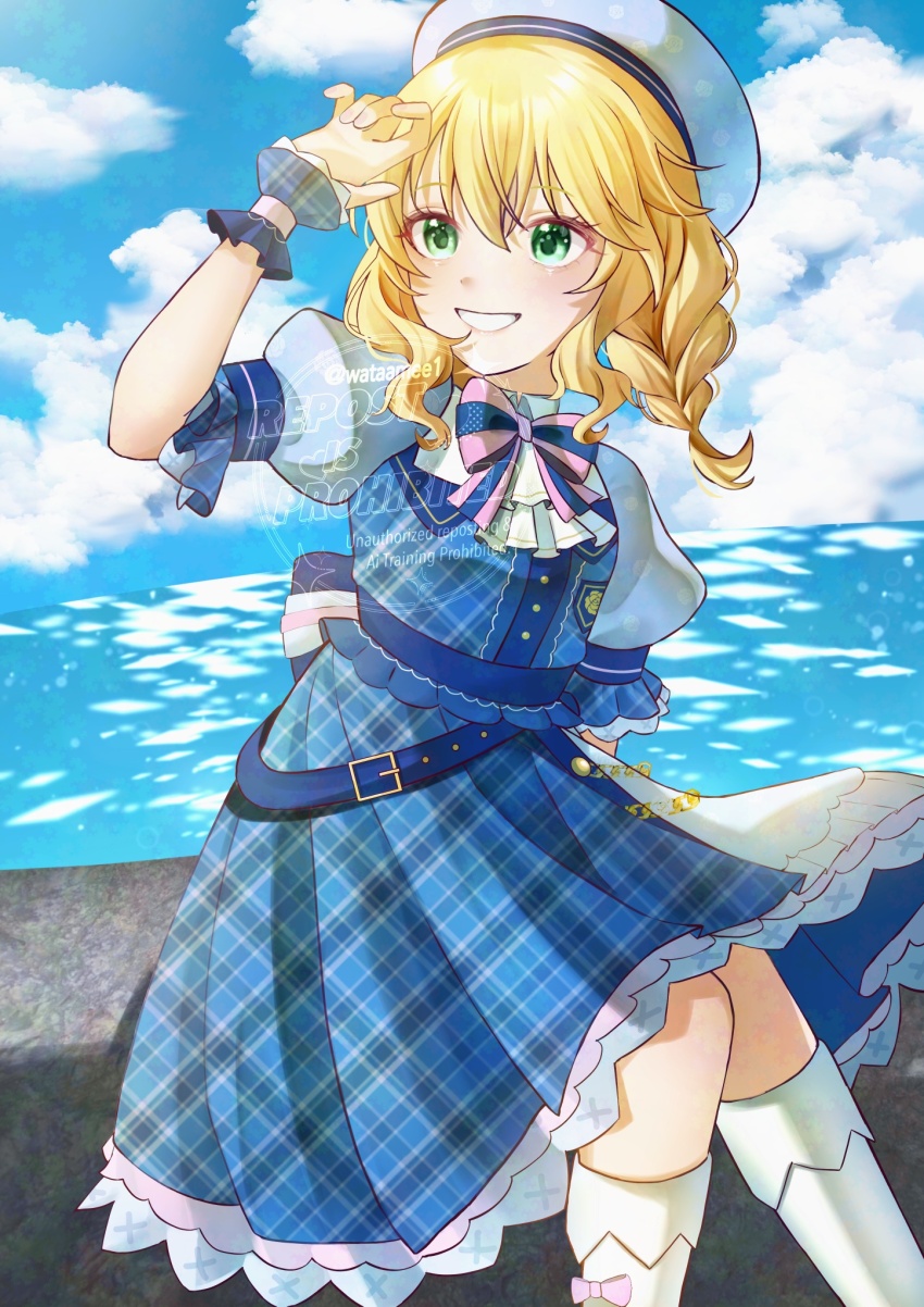1girl beret blonde_hair blue_dress blue_sky braid cloud dress green_eyes hat highres idolmaster idolmaster_cinderella_girls looking_to_the_side medium_hair sakurai_momoka sitting sky smile solo watatai water watermark