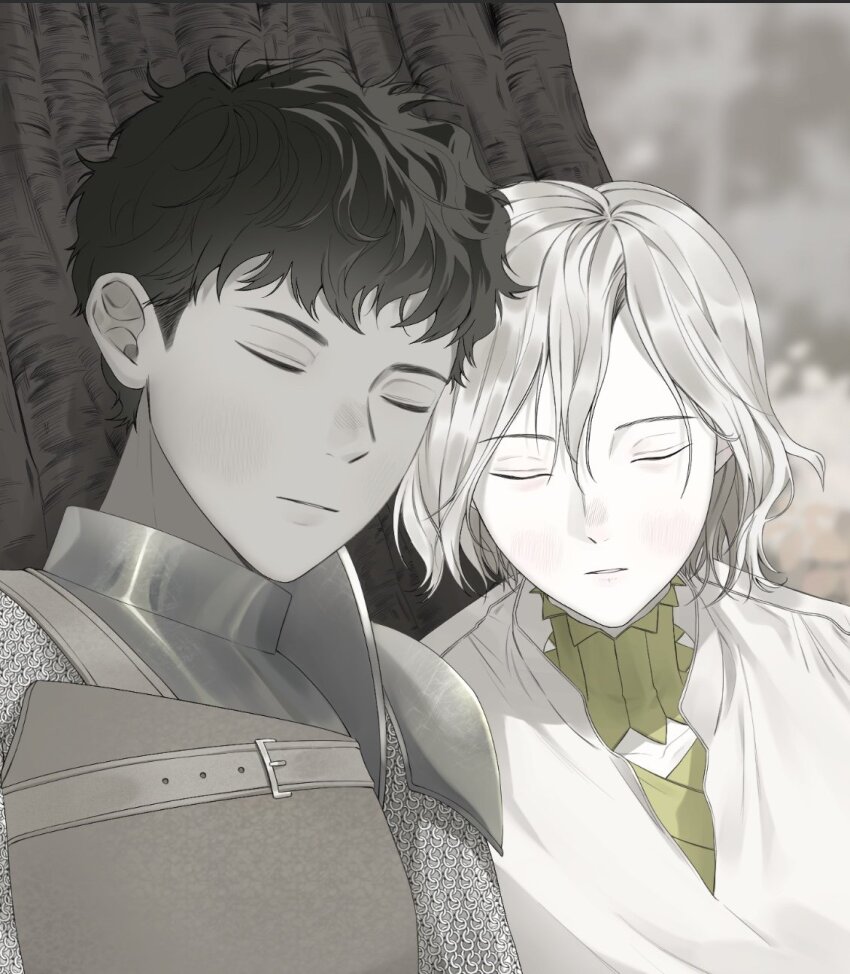 2boys against_tree armor bags_under_eyes black_hair chainmail closed_eyes curly_hair dark-skinned_male dark_skin dungeon_meshi elf gorget grey_hair gulli_mm highres kabru lazy_eye leaning_on_person leather_armor male_focus mithrun multiple_boys parted_lips pointy_ears shirt short_hair side-by-side sleeping tree uneven_eyes upper_body