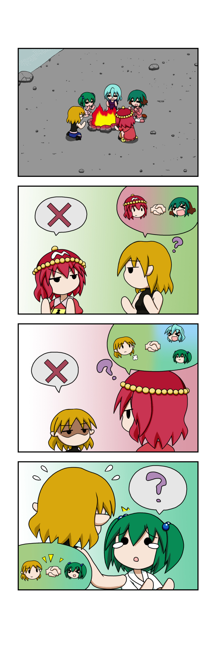 &gt;_&lt; ^^^ 4koma 5girls :d =_= ? absurdres animal_ears arms_up black_shirt blonde_hair blue_hair blue_skirt blush campfire chibi comic flying_sweatdrops from_above green_hair hair_bobbles hair_ornament handshake highres jitome kasodani_kyouko kawashiro_mitori kisume lock mizuhashi_parsee multiple_girls on_ground open_mouth original pink_shirt pink_skirt pointy_ears rakugaki-biyori red_hair red_headwear red_shirt river rock shaded_face shirt short_hair silent_comic sitting skirt sleeveless sleeveless_shirt smile solid_circle_eyes solid_oval_eyes spoken_character spoken_question_mark spoken_x tatara_kogasa tears touhou two_side_up wariza white_shirt white_skirt