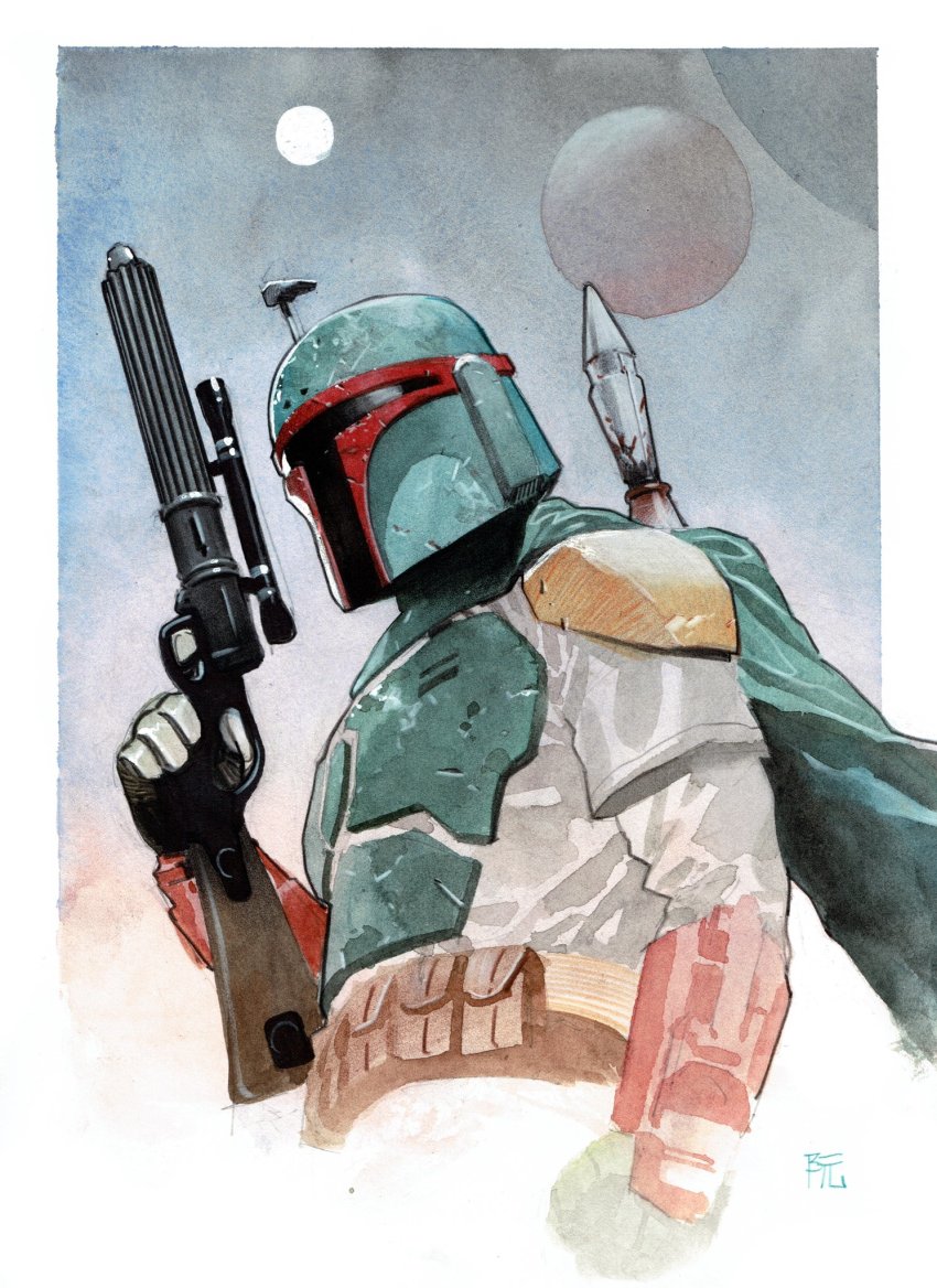 1boy armor boba_fett cape clenched_hand dike_ruan green_cape gun highres holding holding_gun holding_weapon jetpack male_focus mandalorian moon solo star_wars upper_body weapon