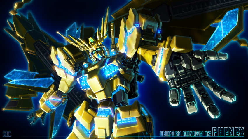 3d character_name commentary_request cropped derivative_work energy english_text glowing gundam gundam_narrative highres machinery marskind mecha mecha_focus mobile_suit reaching reaching_towards_viewer realistic robot science_fiction space unicorn_gundam_phenex upper_body v-fin