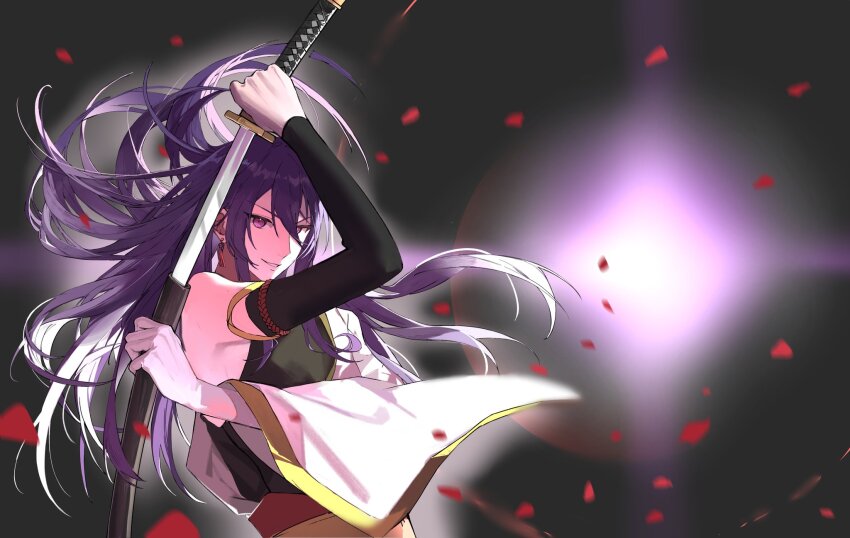 1boy armlet armpit_peek backlighting bishounen black_arm_warmers black_background blurry blurry_background blurry_foreground earrings ensemble_stars! falling_petals floating_clothes floating_hair gold_trim grin hair_between_eyes hair_down halter_shirt halterneck highres holding holding_sword holding_weapon idol japanese_clothes jewelry kanzaki_souma katana kimono lens_flare long_hair looking_at_viewer low-cut_armhole male_focus obi petals portrait purple_eyes purple_hair red_petals ru_kosin sash scabbard sheath sidelocks single_sleeve smile solo sword unsheathing v-shaped_eyebrows weapon white_kimono wide_sleeves